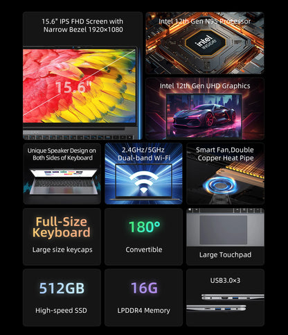 BMAX X15 Pro 15.6 inch 16 GB RAM 512 GB SSD Intel Processor 12. generation. Windows 11 Generation N100 Laptop, 1920*1080 Screen, HDMI, Wi-Fi, USB, PC